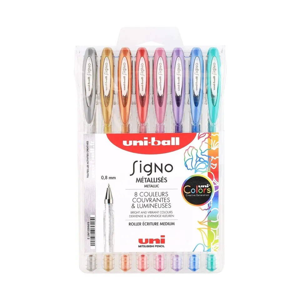 uni-ball-signo-um120-lot-de-8-rollers-encre-gel-m-tallis-s-0-8-mm-or-argent-rose image 1