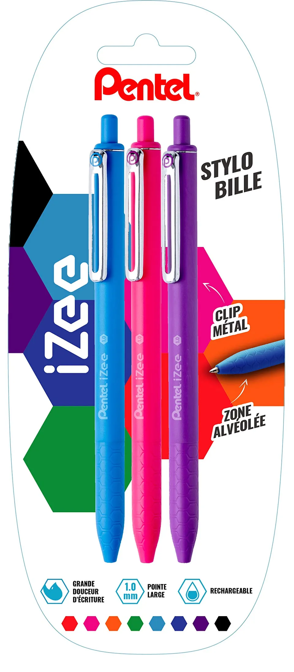 pentel-izee-bx470-lot-de-3-stylos-bille-r-tractables-1-0-mm-bleu-ciel-rose-viole image 1