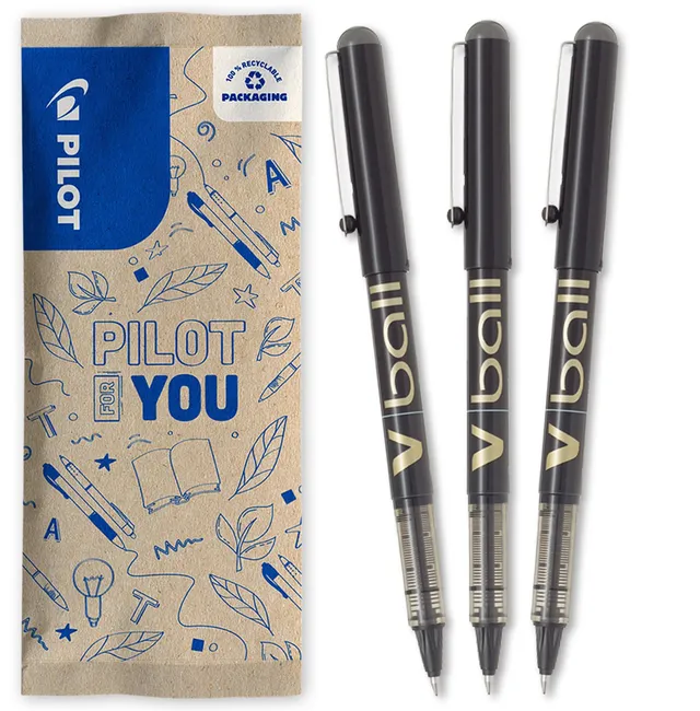 pilot-v-ball-07-lot-de-3-rollers-encre-liquide-noirs-pointe-conique-moyenne-0-5- image 1