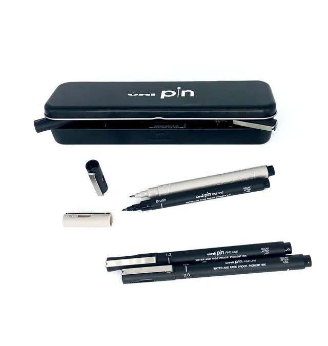 uni-ball-pin-plumier-8-feutres-calibr-s-brush-noir-et-gris image 1