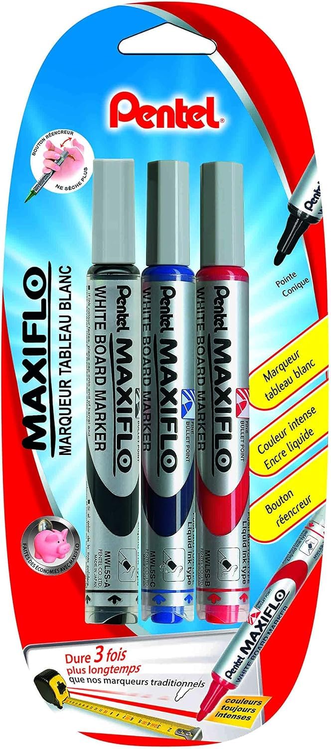 pentel-maxiflo-lot-de-3-marqueurs-tableau-blanc-pointe-ogive-moyenne-noir-bleu-r image 2