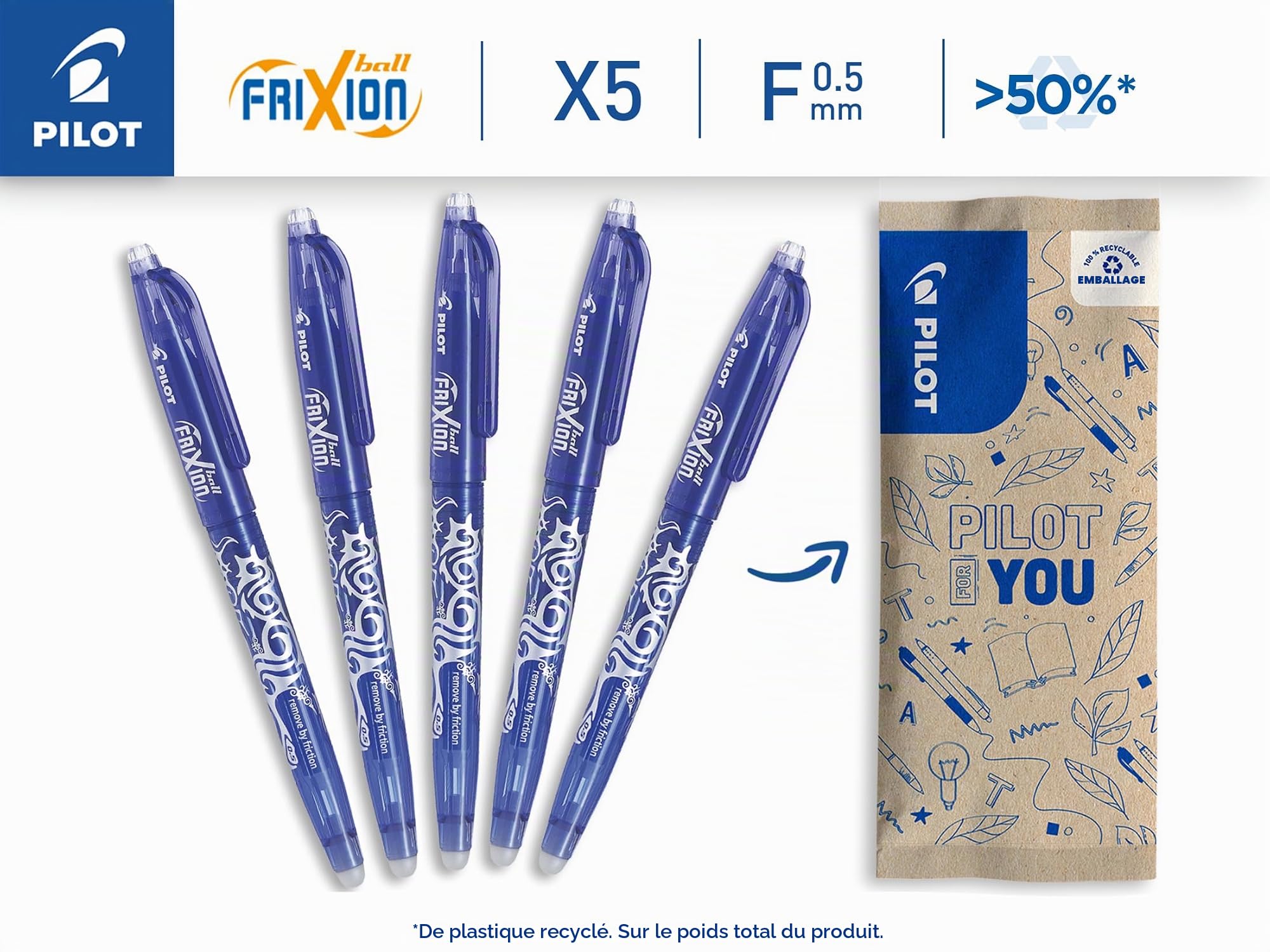pilot-frixion-ball-0-5-stylo-roller-gel-effa-able-bleu-lot-de-5 image 2
