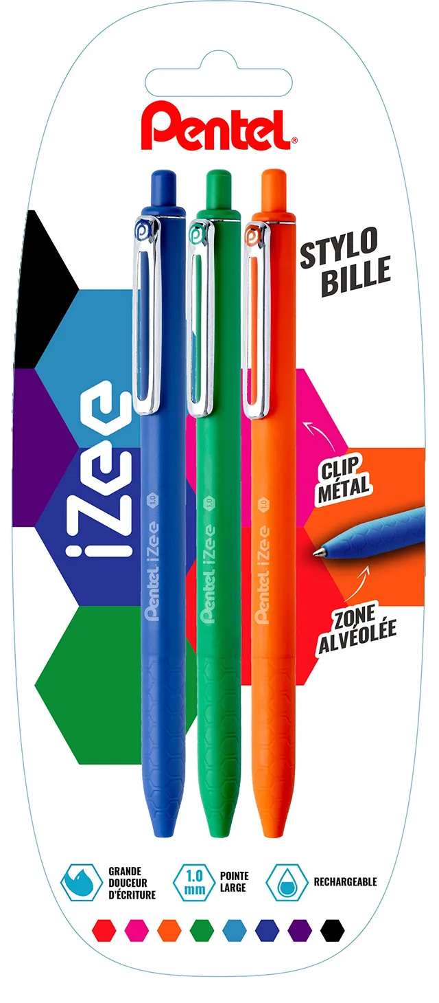 pentel-izee-bx470-lot-de-3-stylos-bille-r-tractables-bleu-vert-orange image 1