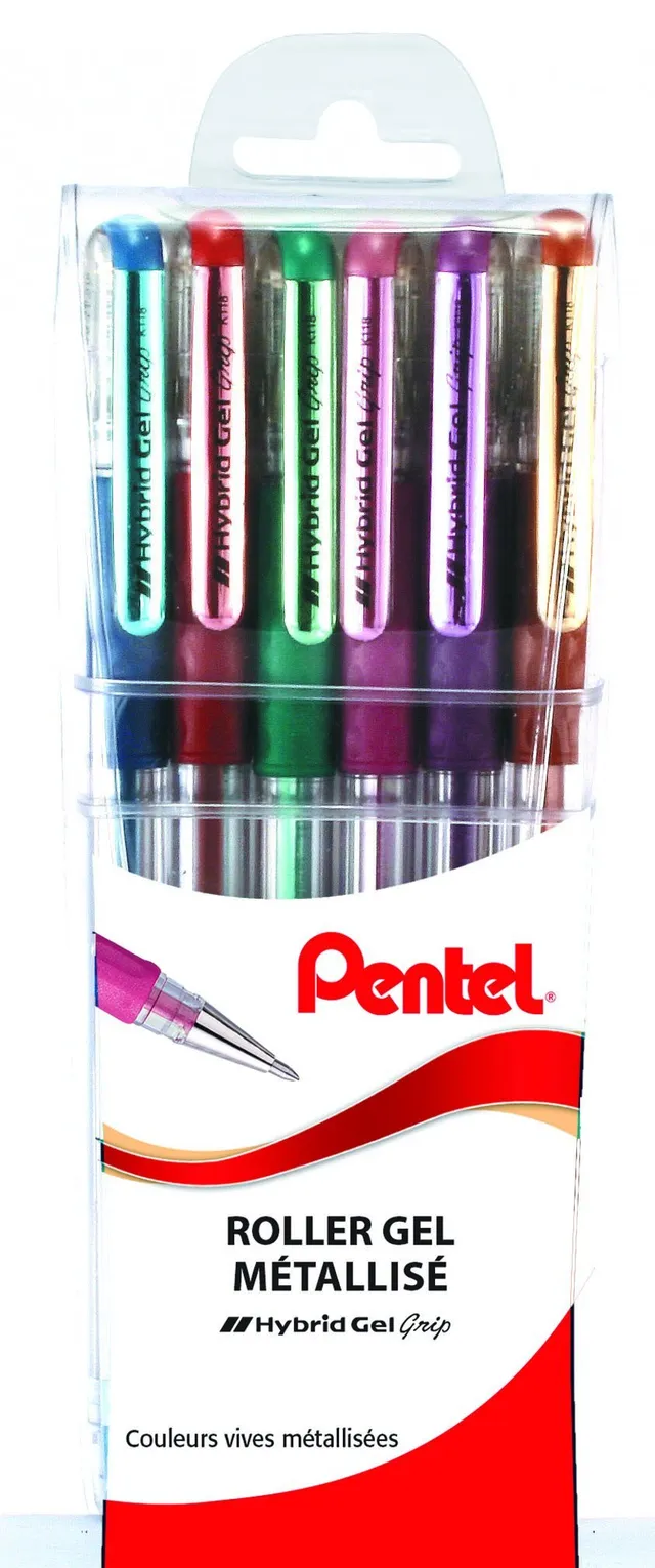 pentel-hybrid-gel-grip-k118m-6-pochette-de-6-rollers-gel-m-tallis-s-0-8-mm-assor image 1