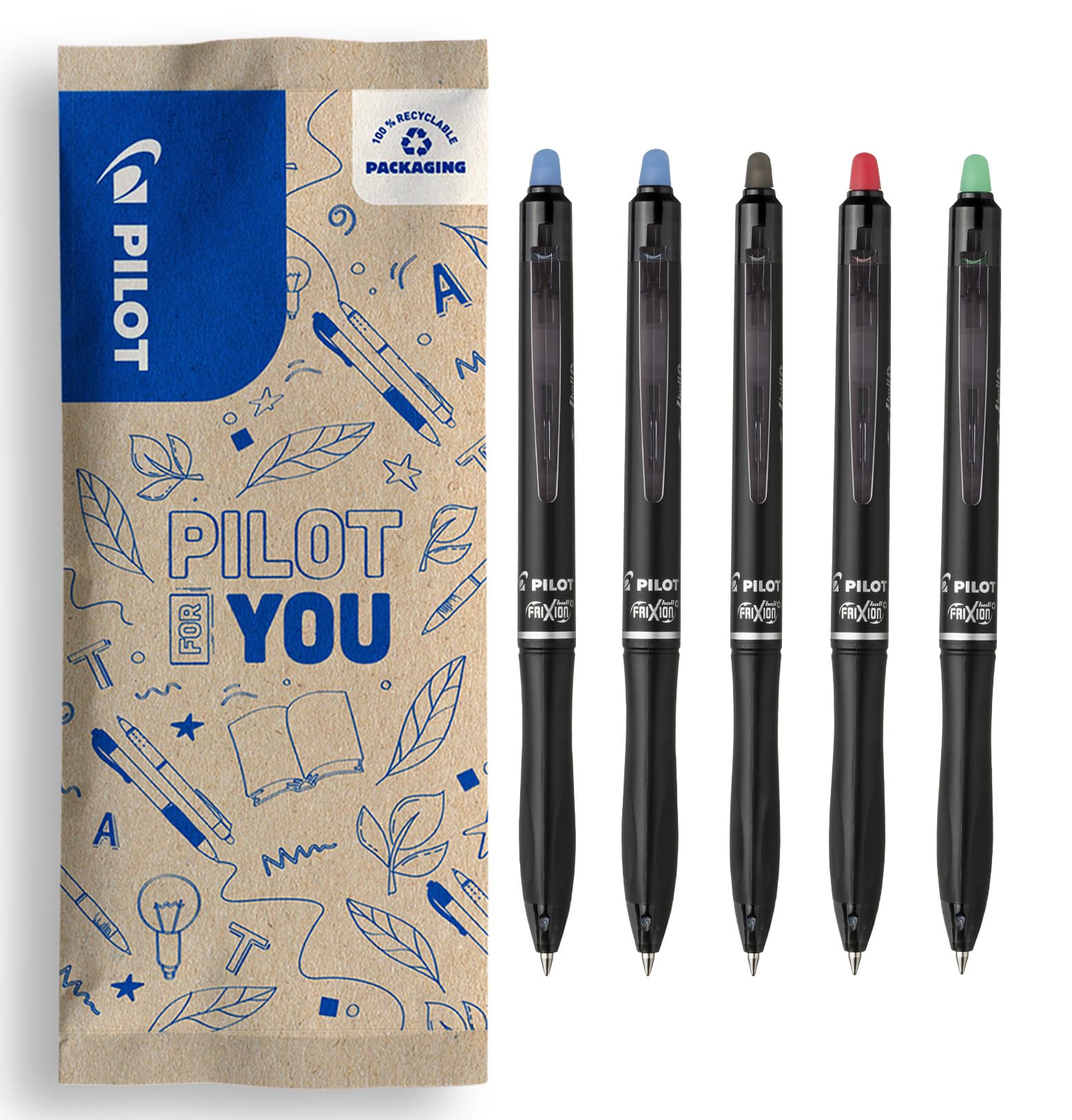 pilot-frixion-ball-plus-stylo-effa-able-0-7-mm-lot-de-5-bleu-x2-noir-rouge-vert image 1