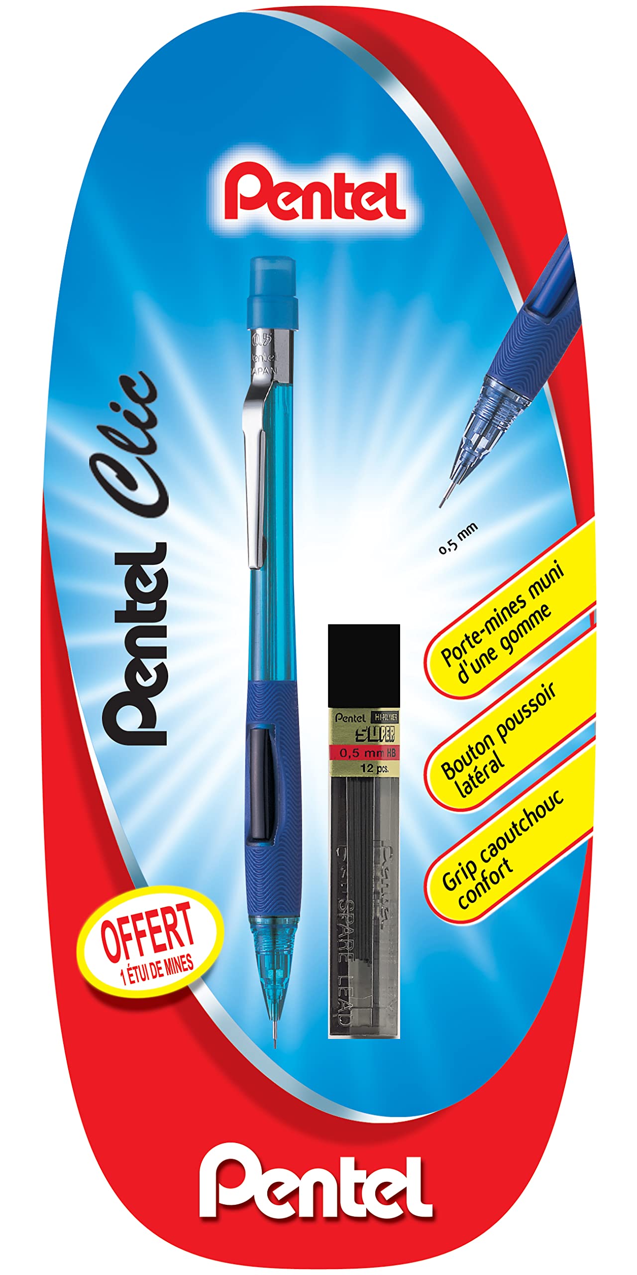 pentel-pd345-porte-mines-0-5-mm-canon-fixe-4-mm-bleu-tui-mines-offert image 1