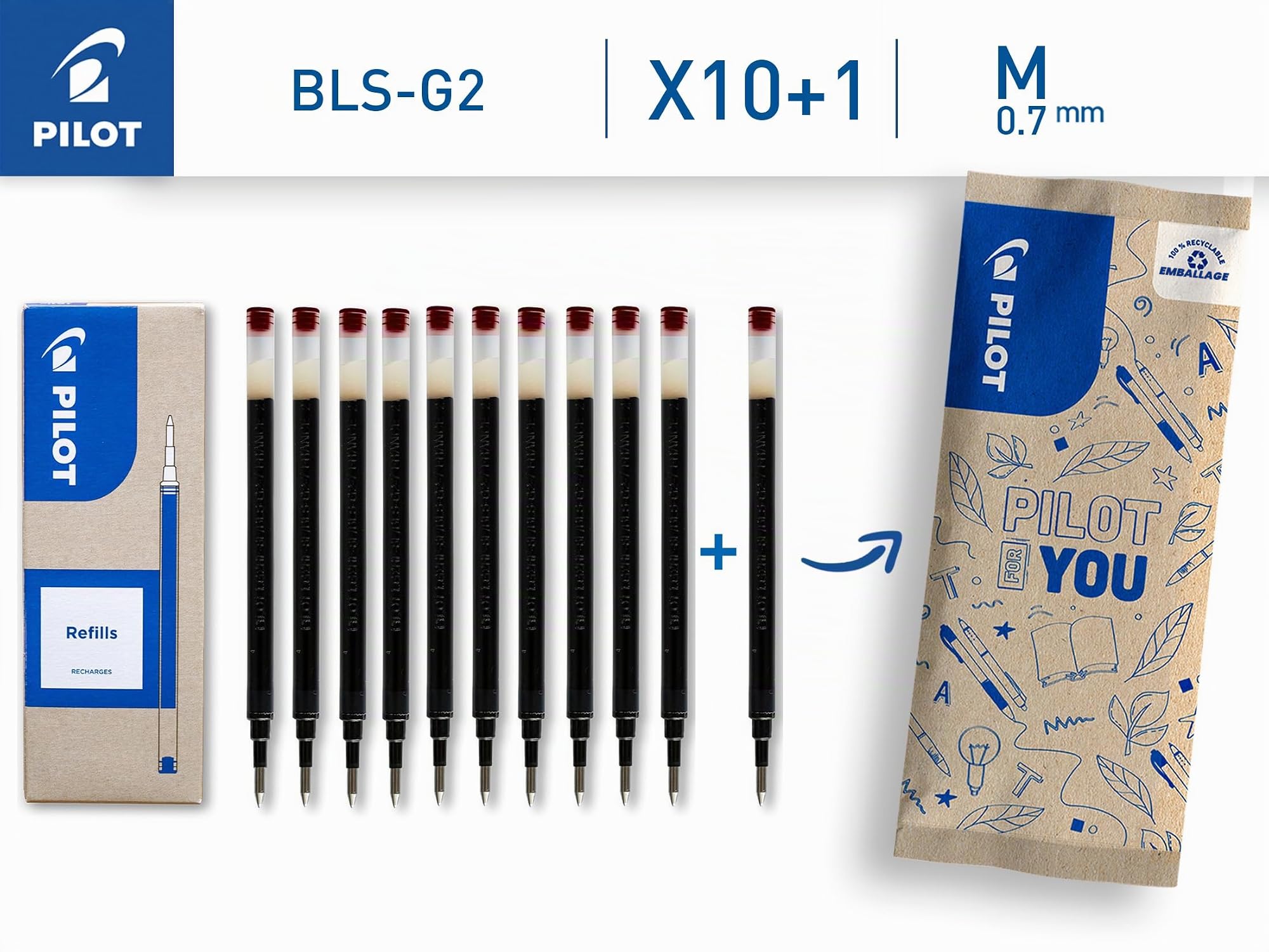 pilot-bls-g2-7-recharges-roller-gel-rouge-pointe-moyenne-0-7-mm-lot-de-10-1-offe image 2