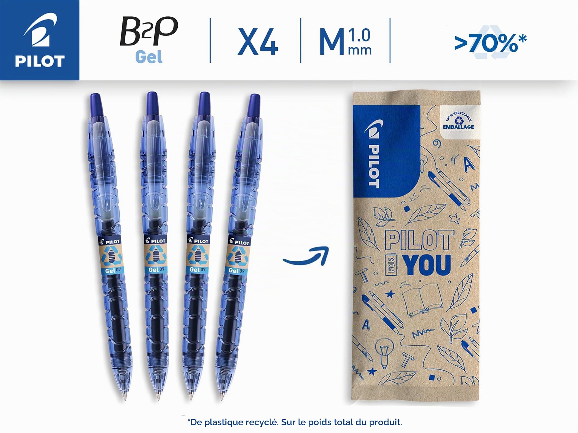 pilot-b2p-begreen-roller-gel-r-tractable-rechargeable-lot-de-4-bleu-pointe-moyen image 2