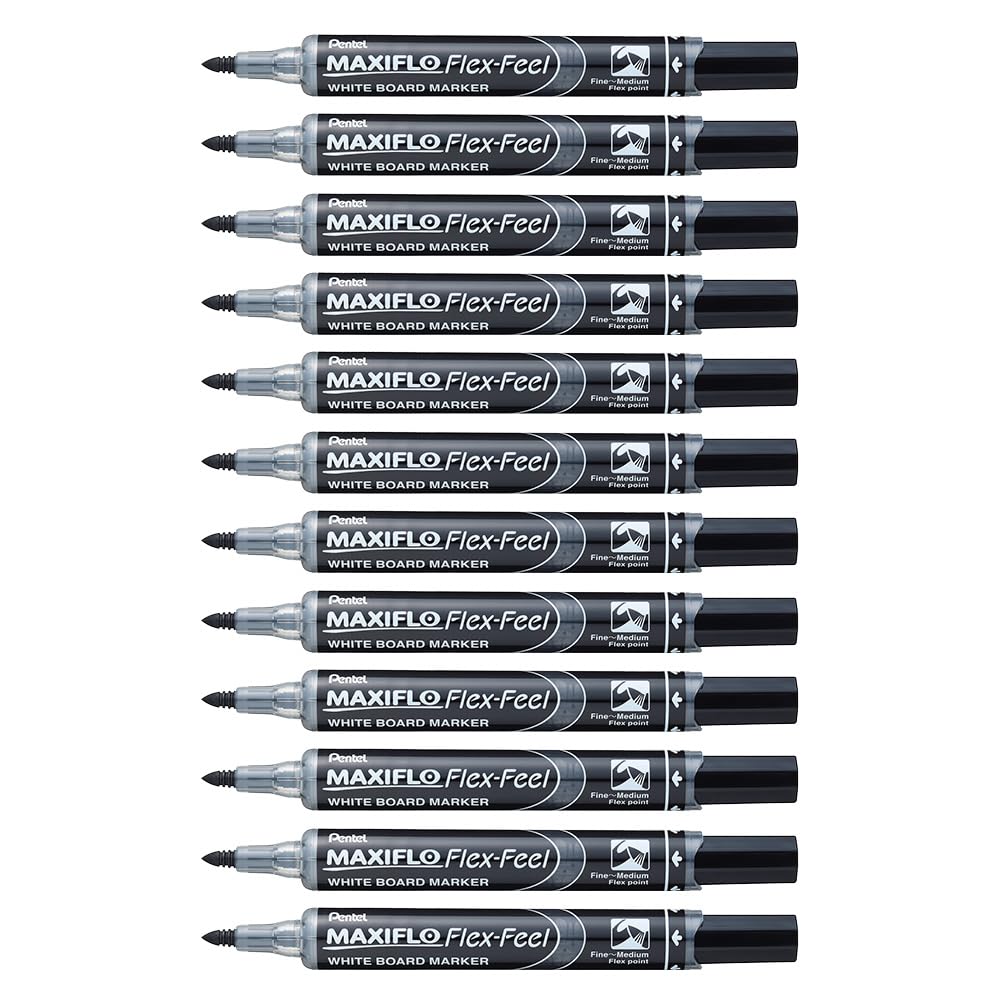 pentel-maxiflo-flex-feel-marqueur-tableau-blanc-noir-pointe-flexible-lot-de-12 image 1