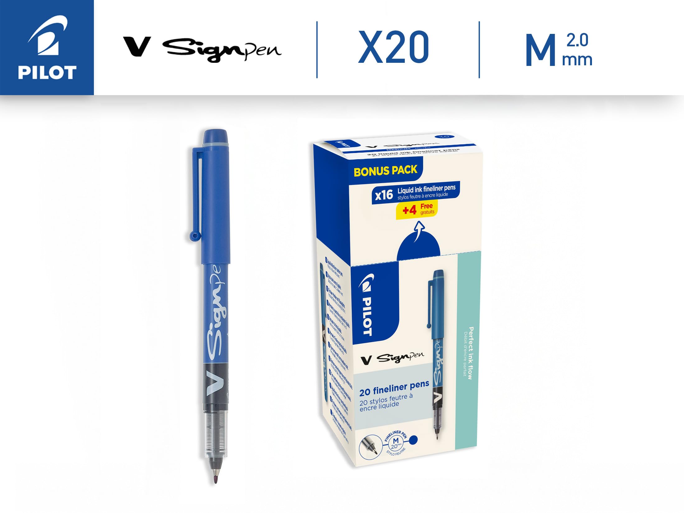 pilot-v-sign-pen-lot-de-20-feutres-bleus-encre-liquide-pointe-moyenne-2-mm-s-cha image 2