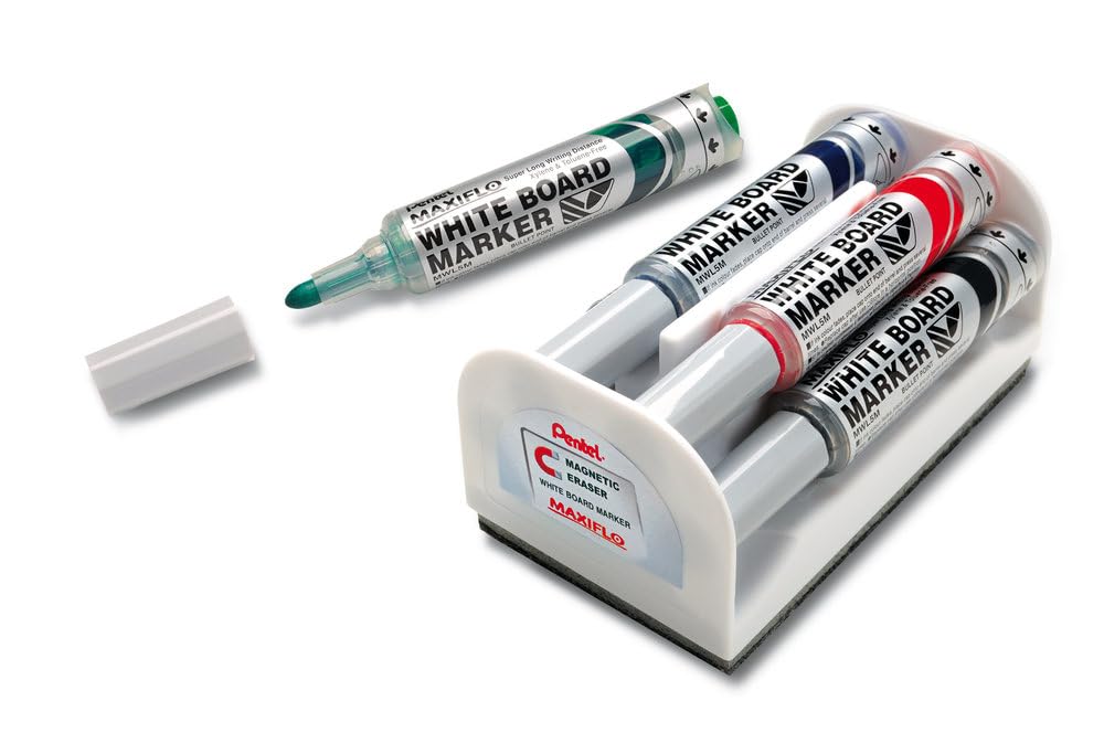 pentel-maxiflo-kit-tableau-blanc-brosse-effaceur-4-marqueurs-pointe-conique-6-mm image 1