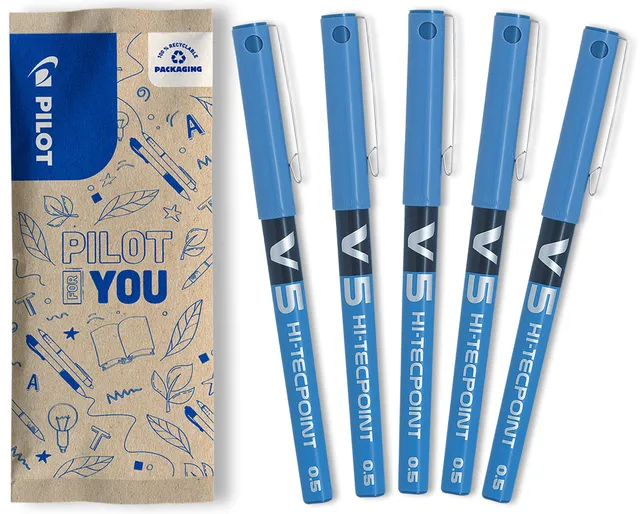 pilot-v5-lot-de-5-rollers-bleus-encre-liquide-hi-tecpoint-pointe-fine-aiguille-0 image 1