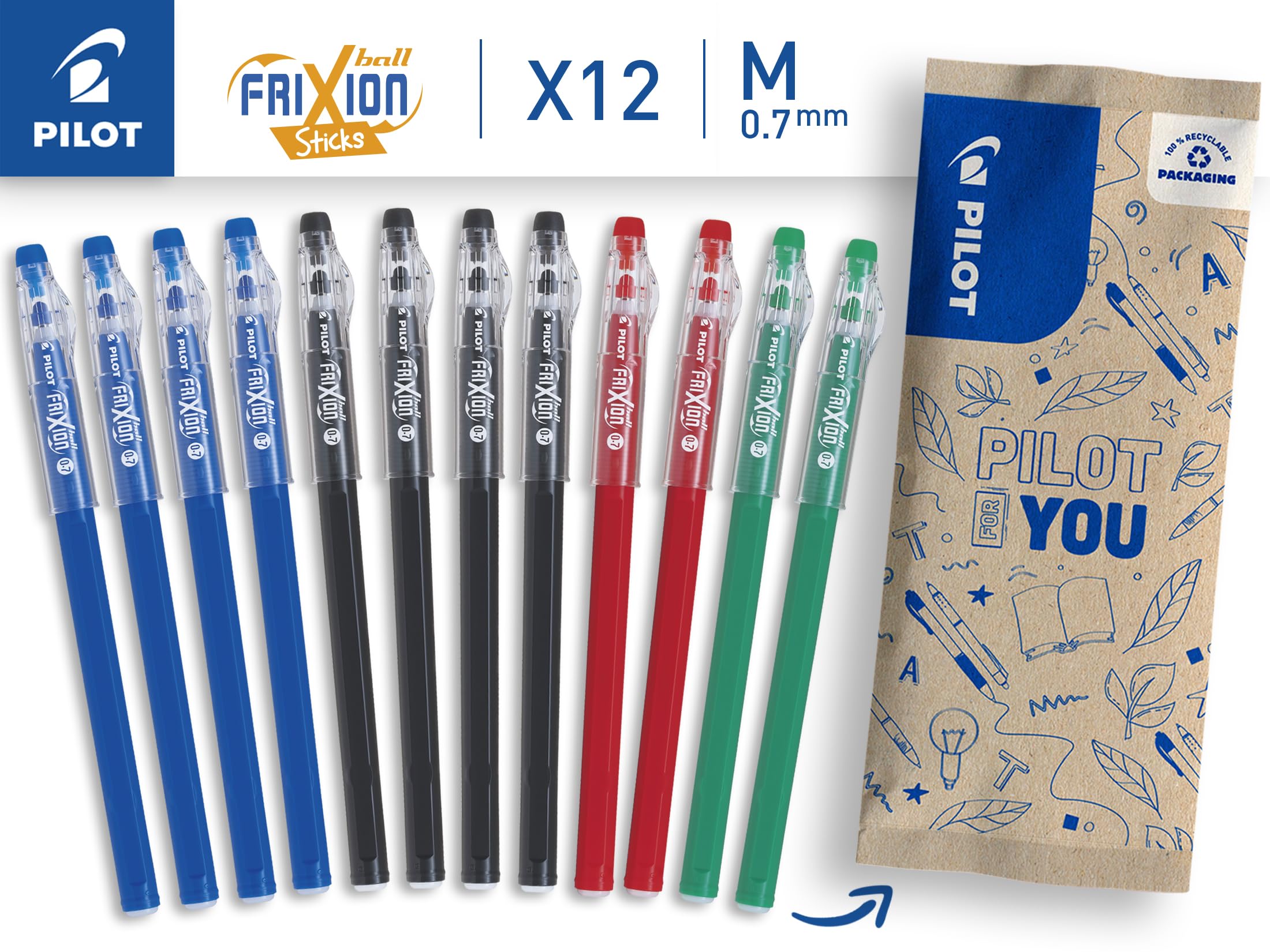 pilot-frixion-ball-stick-0-7-mm-roller-gel-effa-able-12-stylos-4-bleus-4-noirs-2 image 3