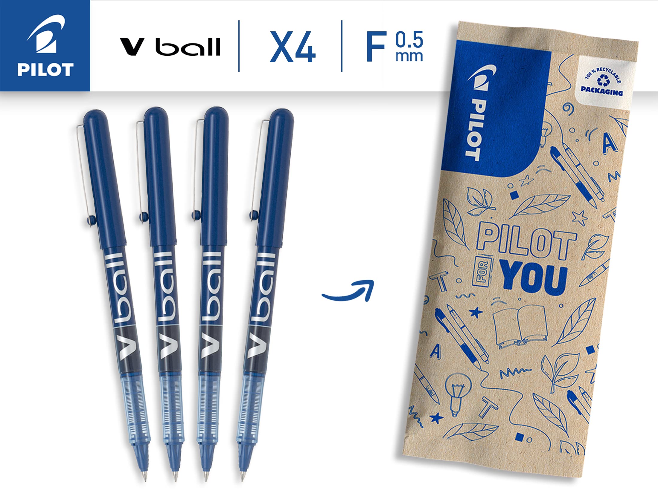 pilot-v-ball-05-stylo-roller-encre-liquide-bleu-pointe-fine-lot-de-4 image 2
