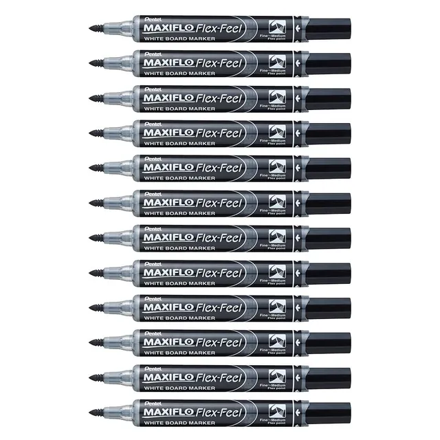 pentel-maxiflo-flex-feel-marqueur-tableau-blanc-noir-pointe-flexible-lot-de-12 image 1