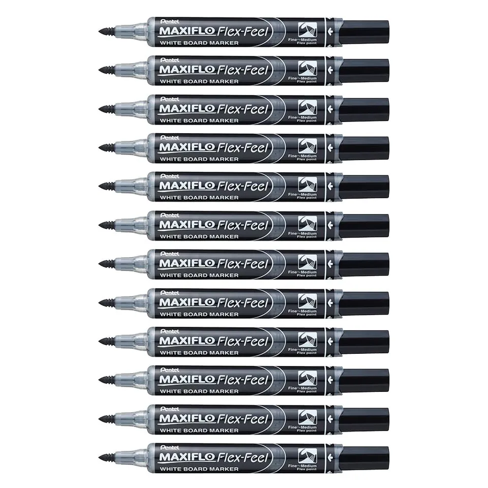 pentel-maxiflo-flex-feel-marqueur-tableau-blanc-noir-pointe-flexible-lot-de-12 image 1