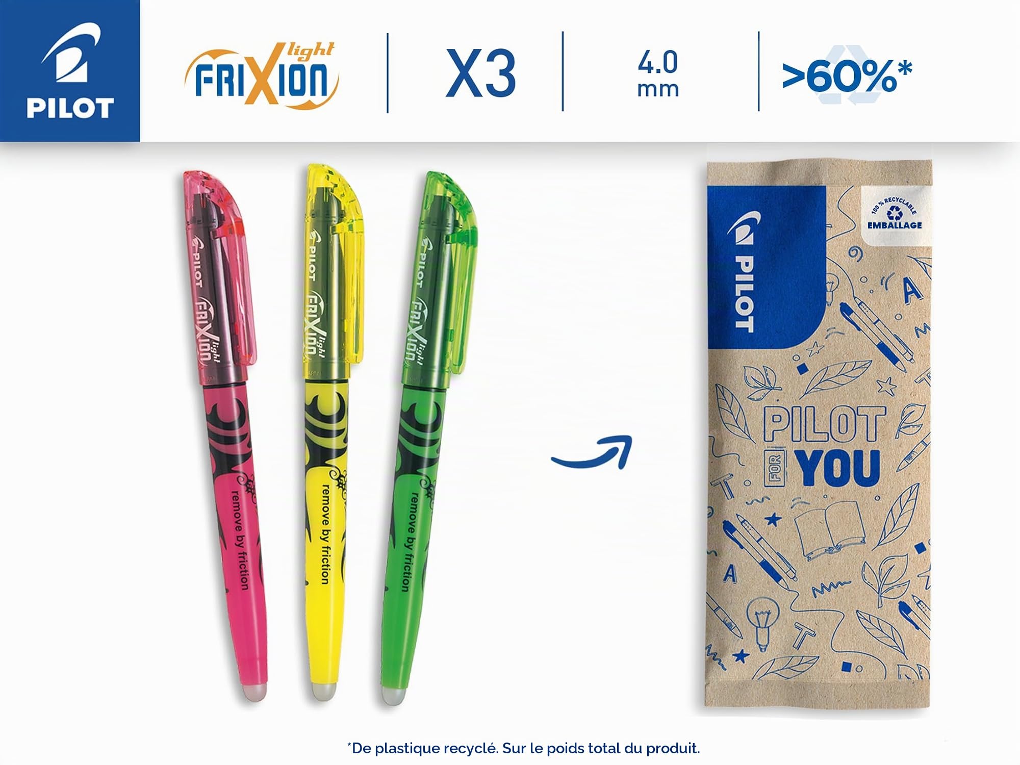 pilot-frixion-light-surligneurs-effa-ables-pastel-fluo-lot-de-3-jaune-vert-rose image 2