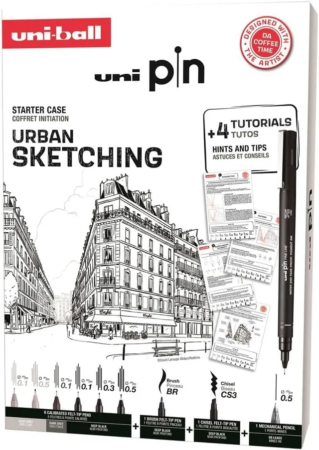 uni-ball-pin-urban-sketching-coffret-8-feutres-calibr-s-1-porte-mines-shalaku-s- image 1