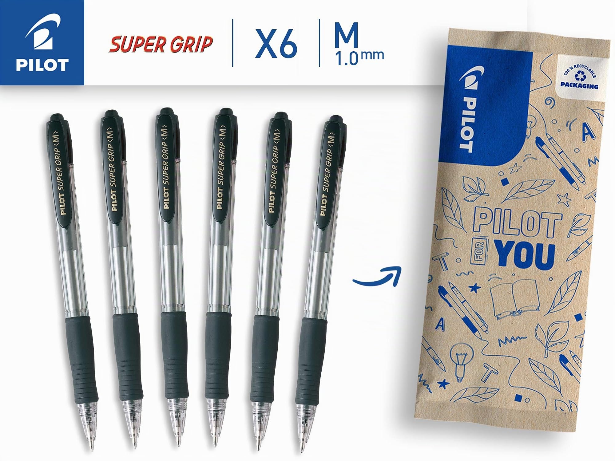 pilot-super-grip-stylo-bille-r-tractable-rechargeable-noir-pointe-moyenne-lot-de image 2